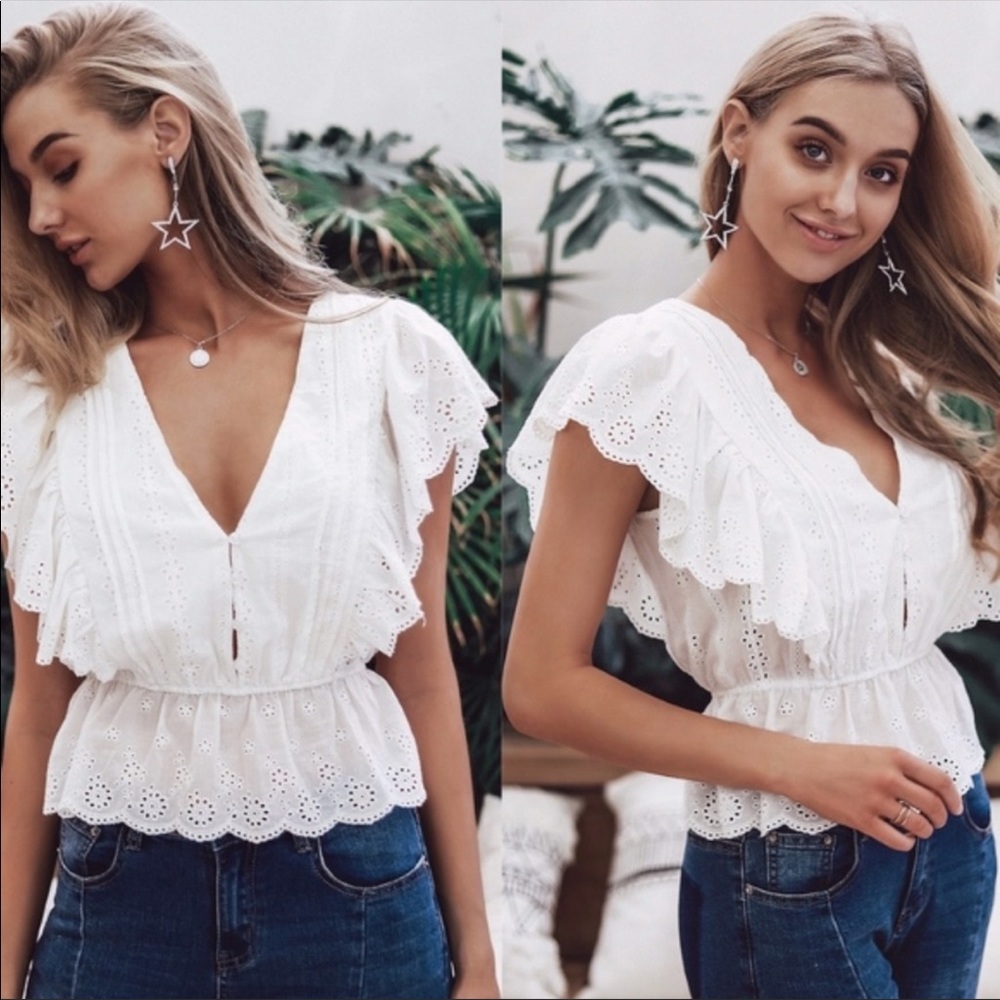 Lace eyelet white ruffle shirt blouse scalloped - Picture 3 of 4